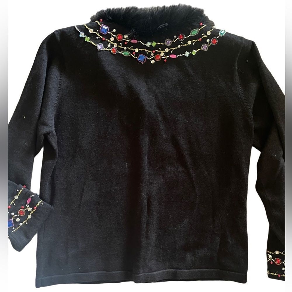 Jack B Quick vintage embellished button down black cardigan w/ faux fur collar - Picture 5 of 12